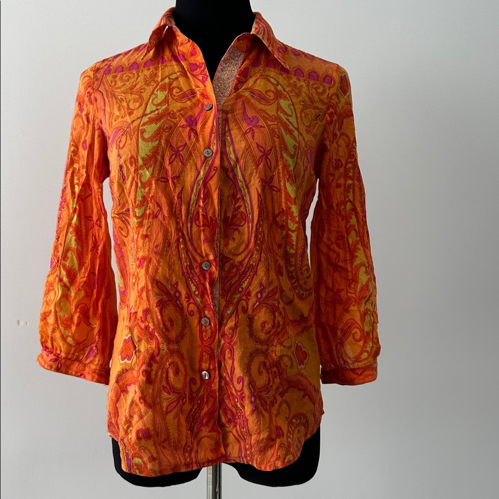 Robert graham women’s sheer cotton voile orange paisley shirt S/P